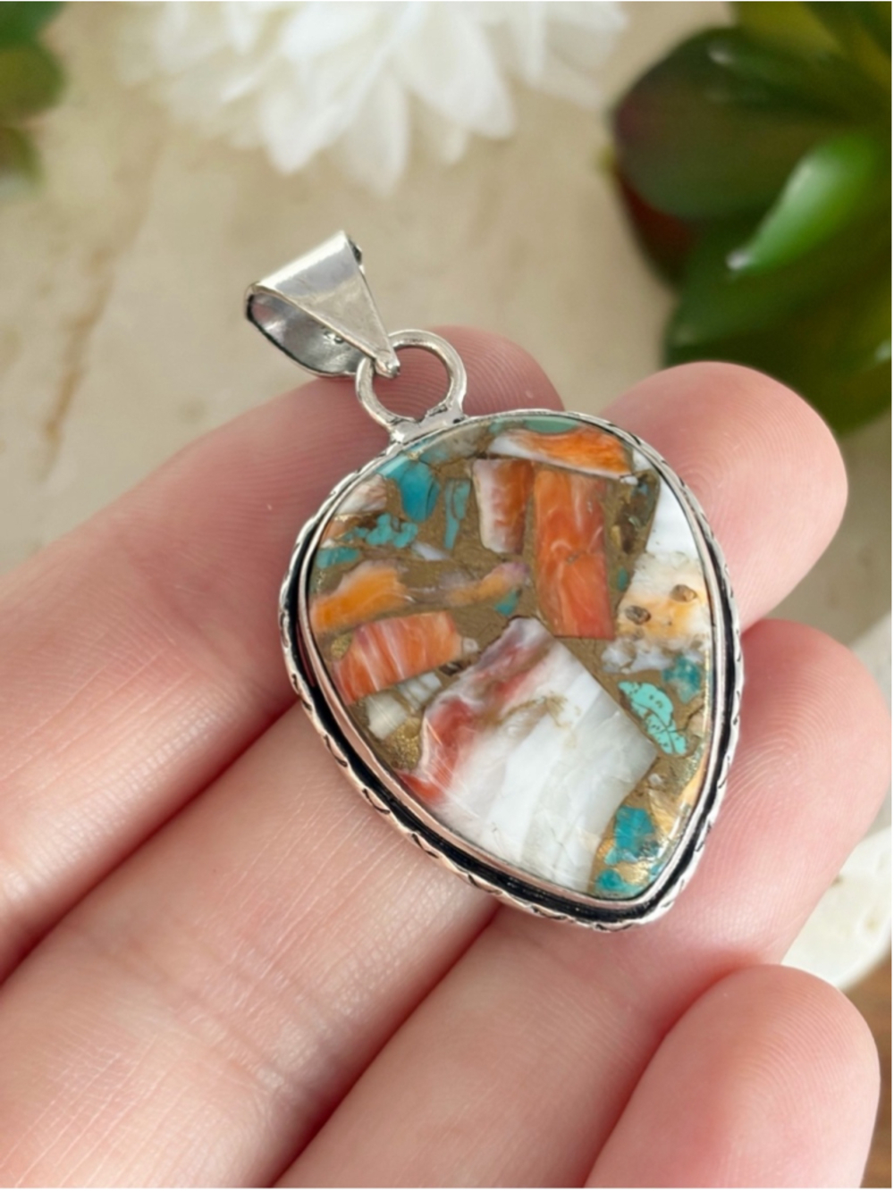 Southwest Oyster Turquoise Pendant Pear Sterling Silver 925 Overlay Handmade New
